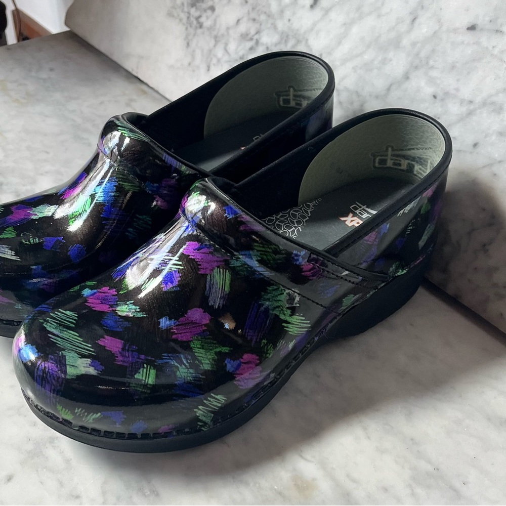 Dansko Black Patent Clogs with Purple & Green Brushstroke Print